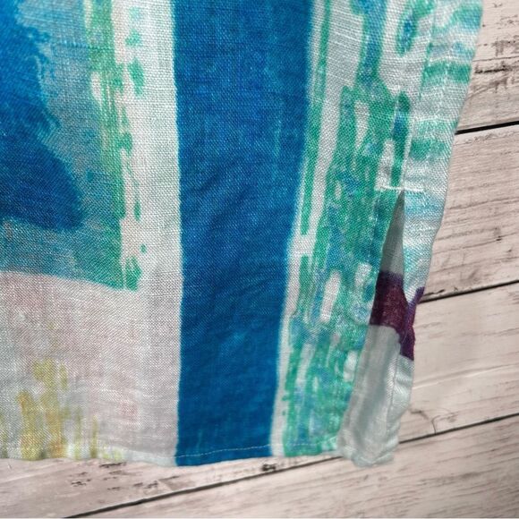 Chico's 100% Linen Sz L/XL Abstract Multicolor Blocks Print Poncho Blouse - Picture 3 of 7